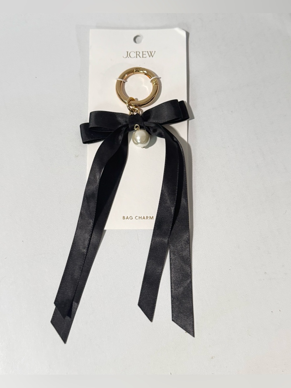 J. Crew Black Satin Bow & Pearl Bag Charm with Gold Ring- NWT